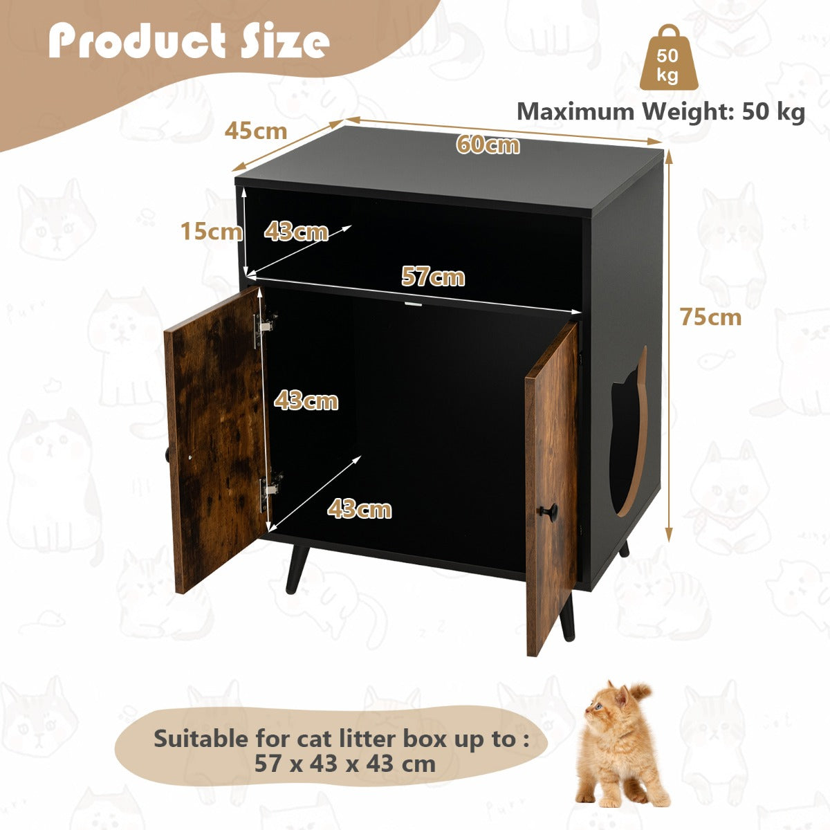 LIVSK Verborgen Kattenbakmeubel - Dubbele Deuren voor Privacy - Opbergruimte en Stijlvol Design - 60 x 45 x 75 cm - Zwart + Bruin