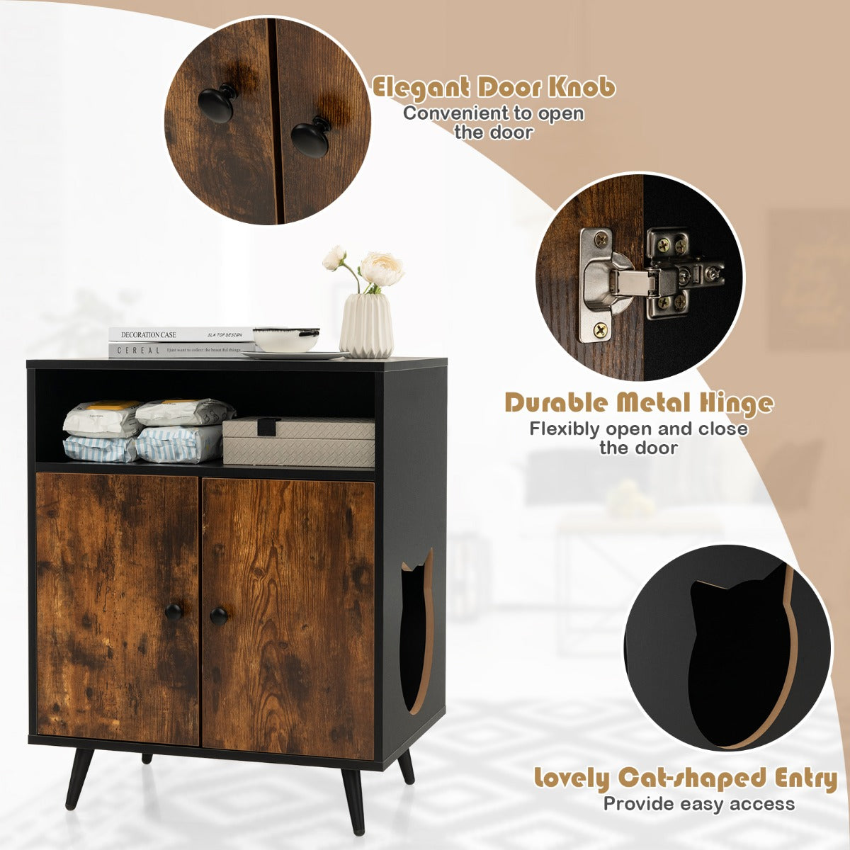 LIVSK Verborgen Kattenbakmeubel - Dubbele Deuren voor Privacy - Opbergruimte en Stijlvol Design - 60 x 45 x 75 cm - Zwart + Bruin