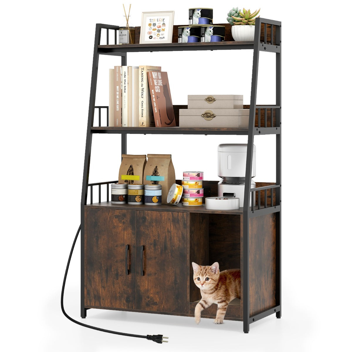 LIVSK kattenbakkast met geïntegreerd oplaadstation - Ventilatieopeningen - Krabmat - 80 x 40 x 132 cm - Bruin