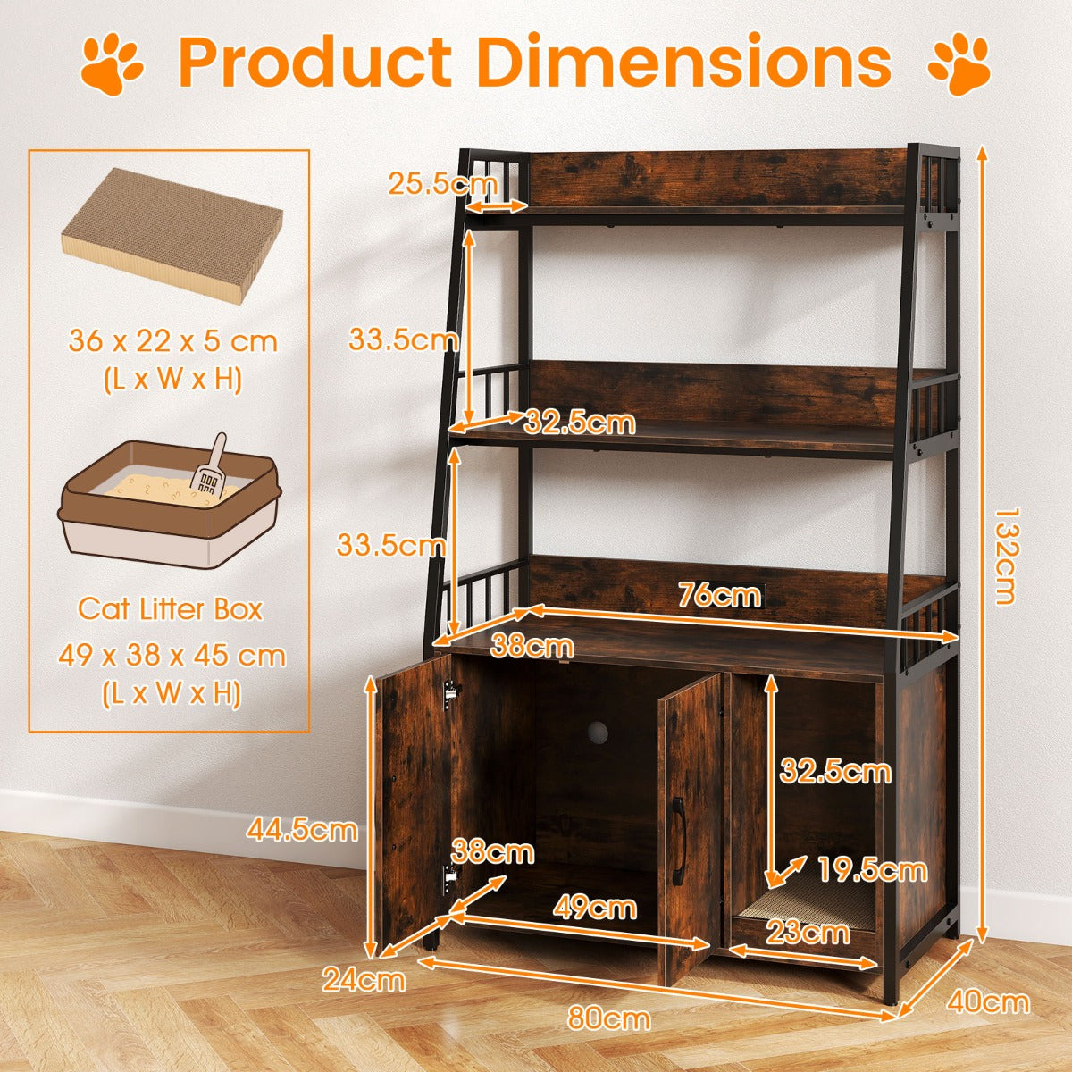 LIVSK kattenbakkast met geïntegreerd oplaadstation - Ventilatieopeningen - Krabmat - 80 x 40 x 132 cm - Bruin