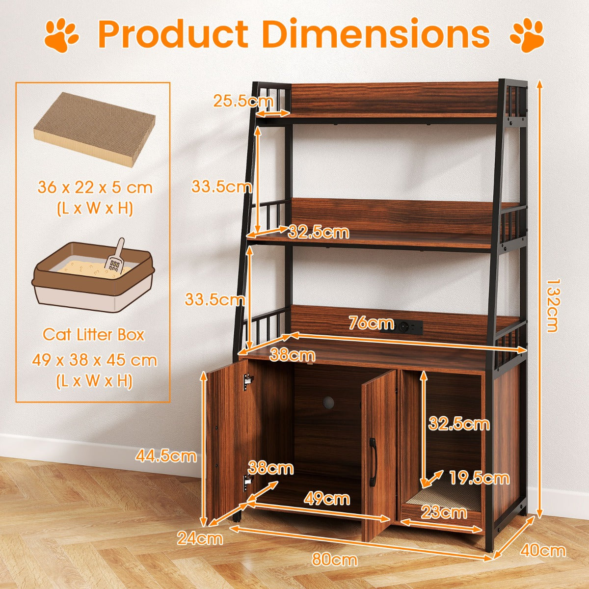 LIVSK multifunctionele kattenbakkast met oplaadstation - Ruim ontwerp met ventilatie - Krabmat - 80 x 40 x 132 cm - Walnoot