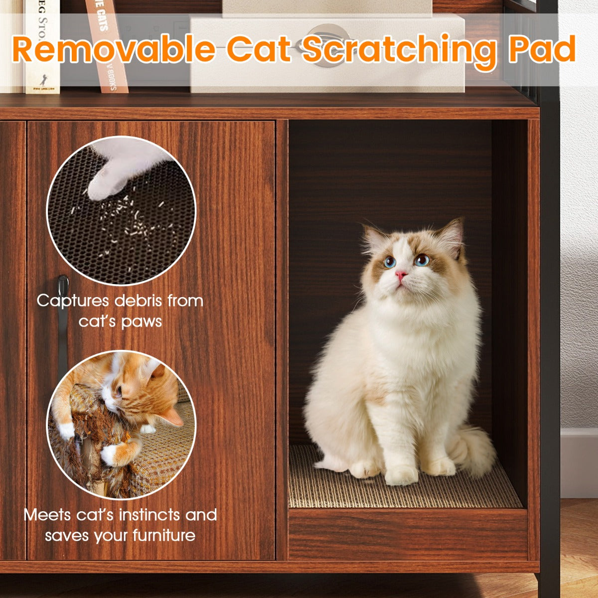 LIVSK multifunctionele kattenbakkast met oplaadstation - Ruim ontwerp met ventilatie - Krabmat - 80 x 40 x 132 cm - Walnoot