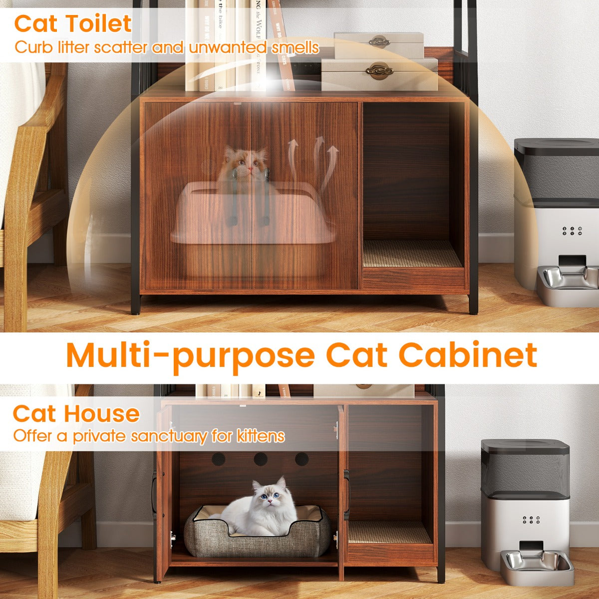 LIVSK multifunctionele kattenbakkast met oplaadstation - Ruim ontwerp met ventilatie - Krabmat - 80 x 40 x 132 cm - Walnoot