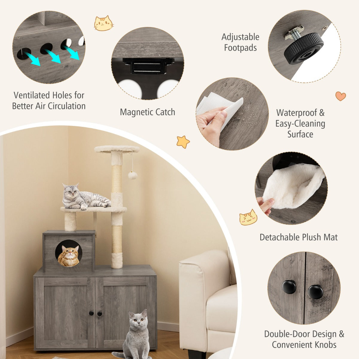 LIVSK Kattenkast met Klimpaal - Multifunctioneel Design met Krabpalen en Opbergruimte - Stevige Constructie - Grijs