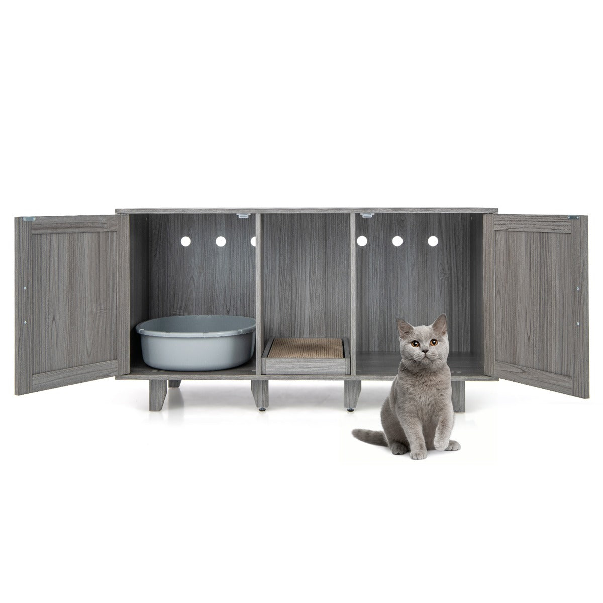 LIVSK Multifunctionele Kattenkast - 3-in-1 Meubilair met Privacy - Krabplank - Voor TV's tot 50 inch - 120 x 52 x 65 cm - Grijs
