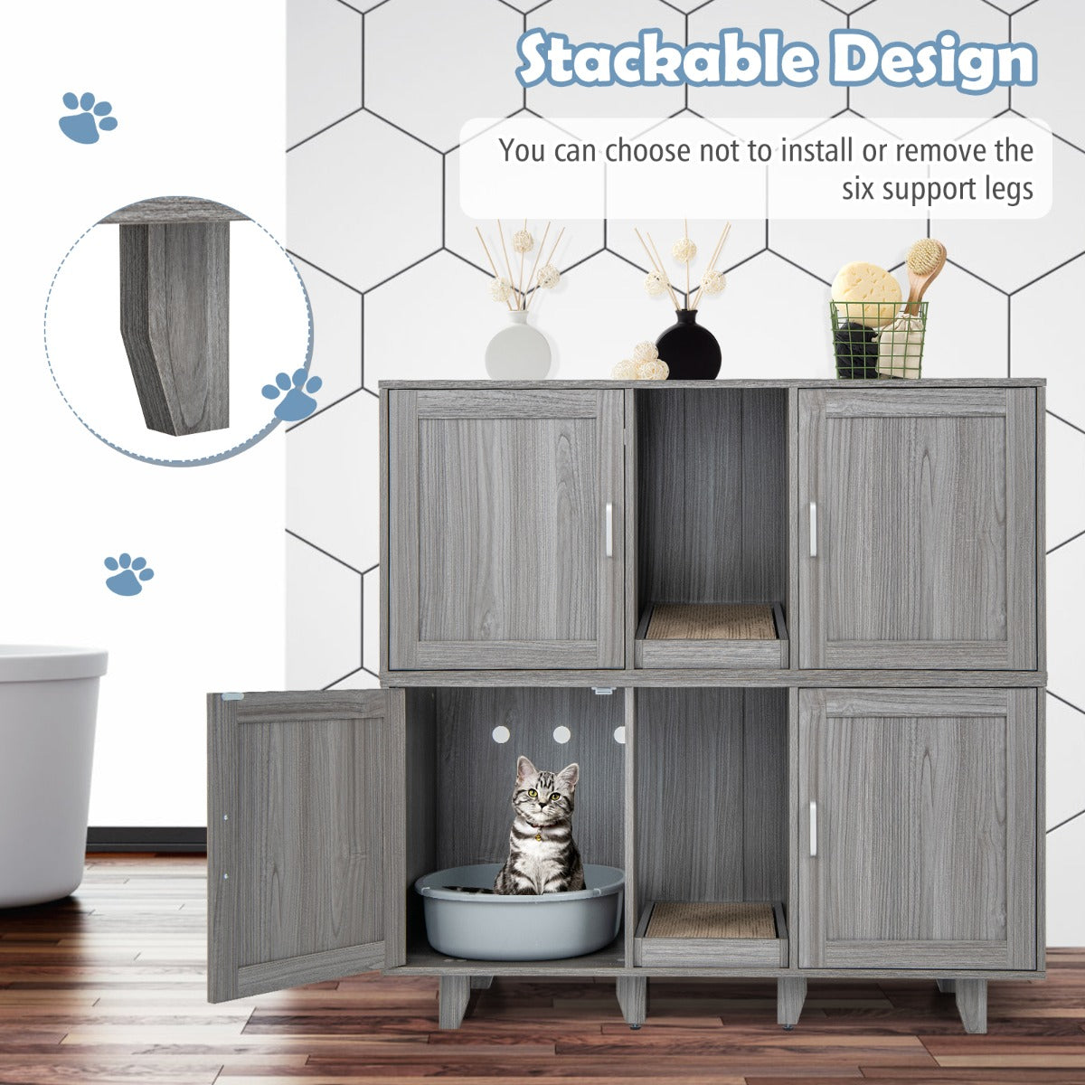 LIVSK Multifunctionele Kattenkast - 3-in-1 Meubilair met Privacy - Krabplank - Voor TV's tot 50 inch - 120 x 52 x 65 cm - Grijs