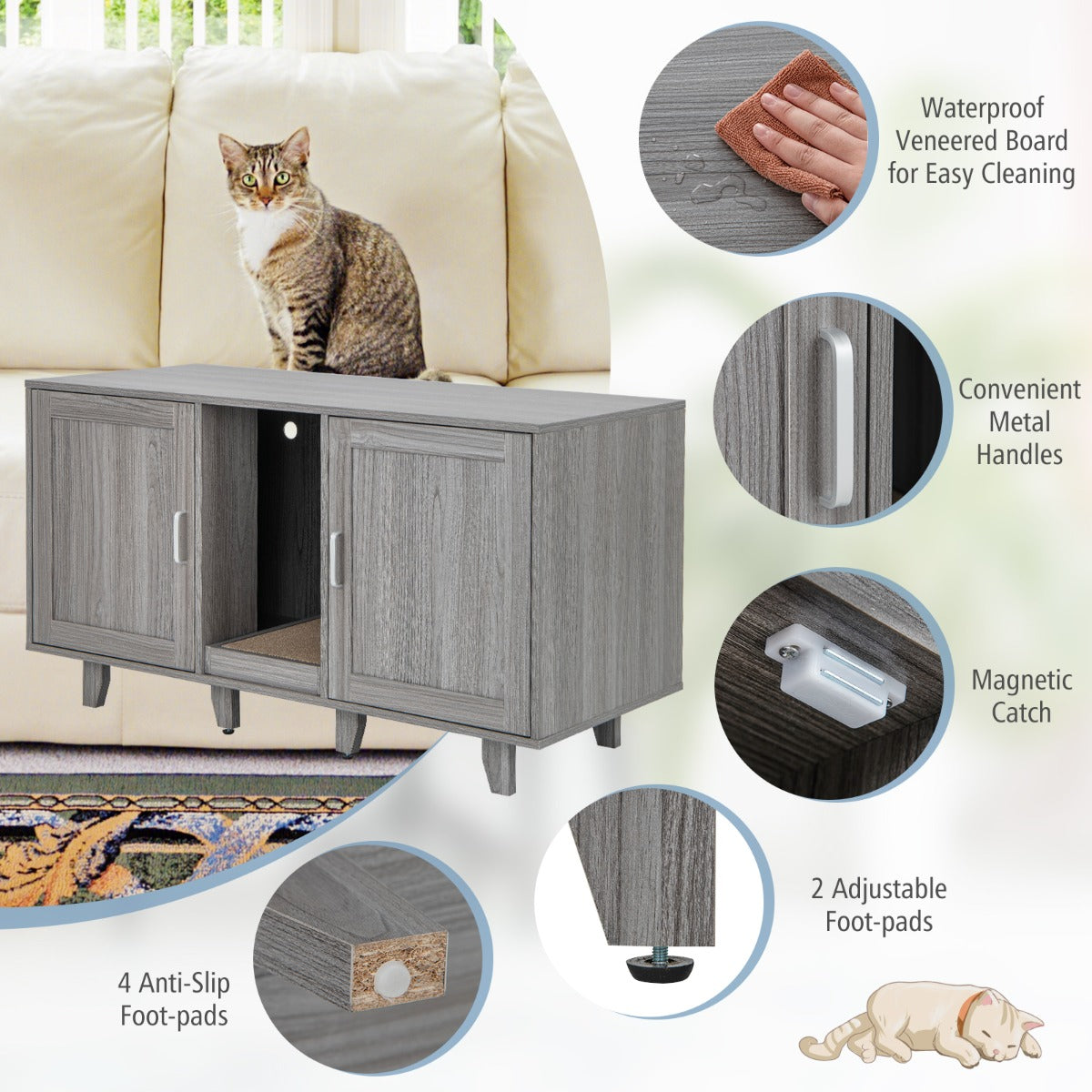 LIVSK Multifunctionele Kattenkast - 3-in-1 Meubilair met Privacy - Krabplank - Voor TV's tot 50 inch - 120 x 52 x 65 cm - Grijs