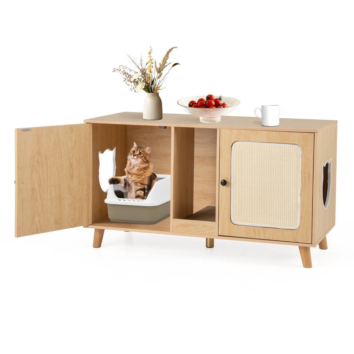 LIVSK Kattenbakkast - 2 Ruimtes van 108 x 50 x 60 cm - Multifunctioneel Meubel - Sisal-Krabmatten - Natuur/Wit