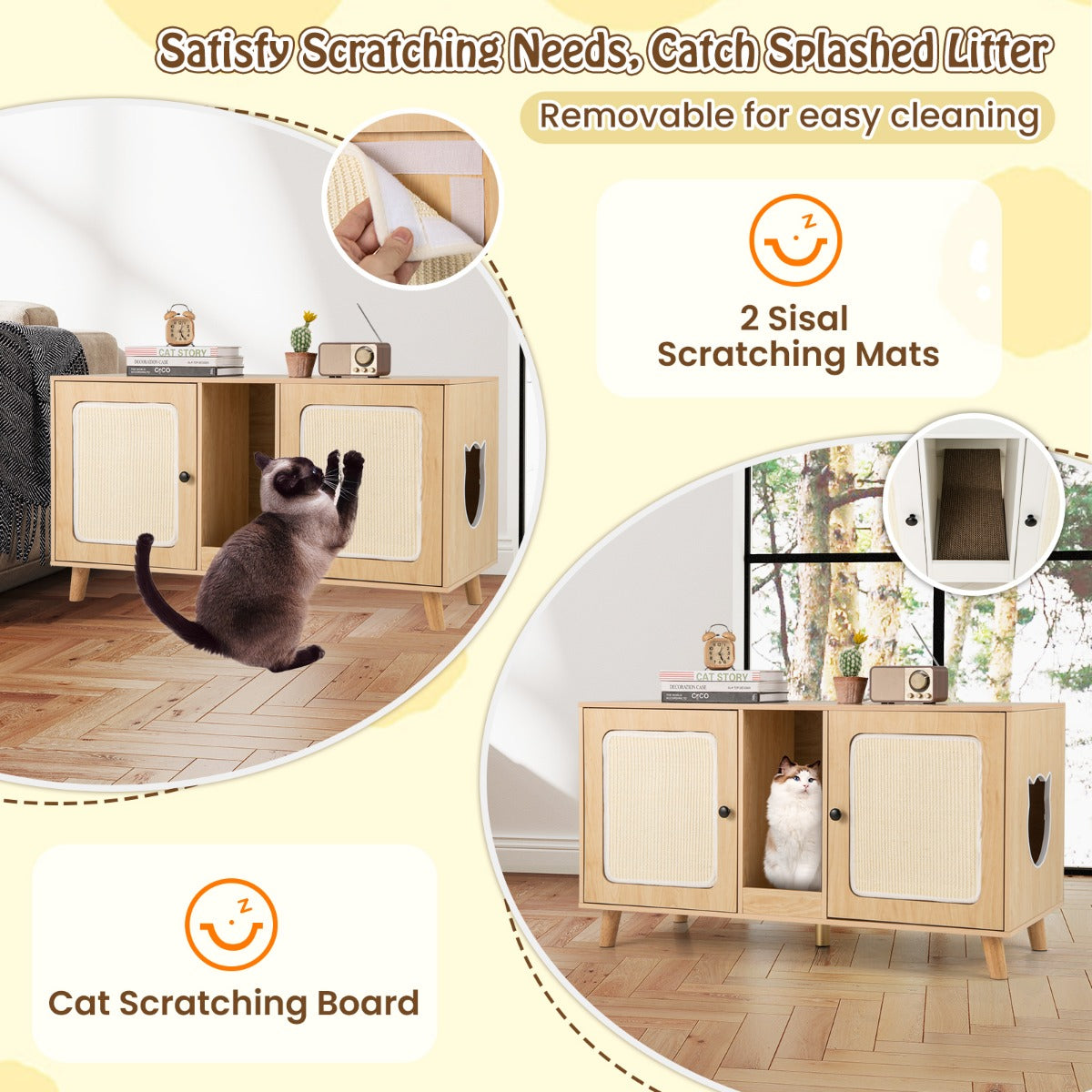 LIVSK Kattenbakkast - 2 Ruimtes van 108 x 50 x 60 cm - Multifunctioneel Meubel - Sisal-Krabmatten - Natuur/Wit