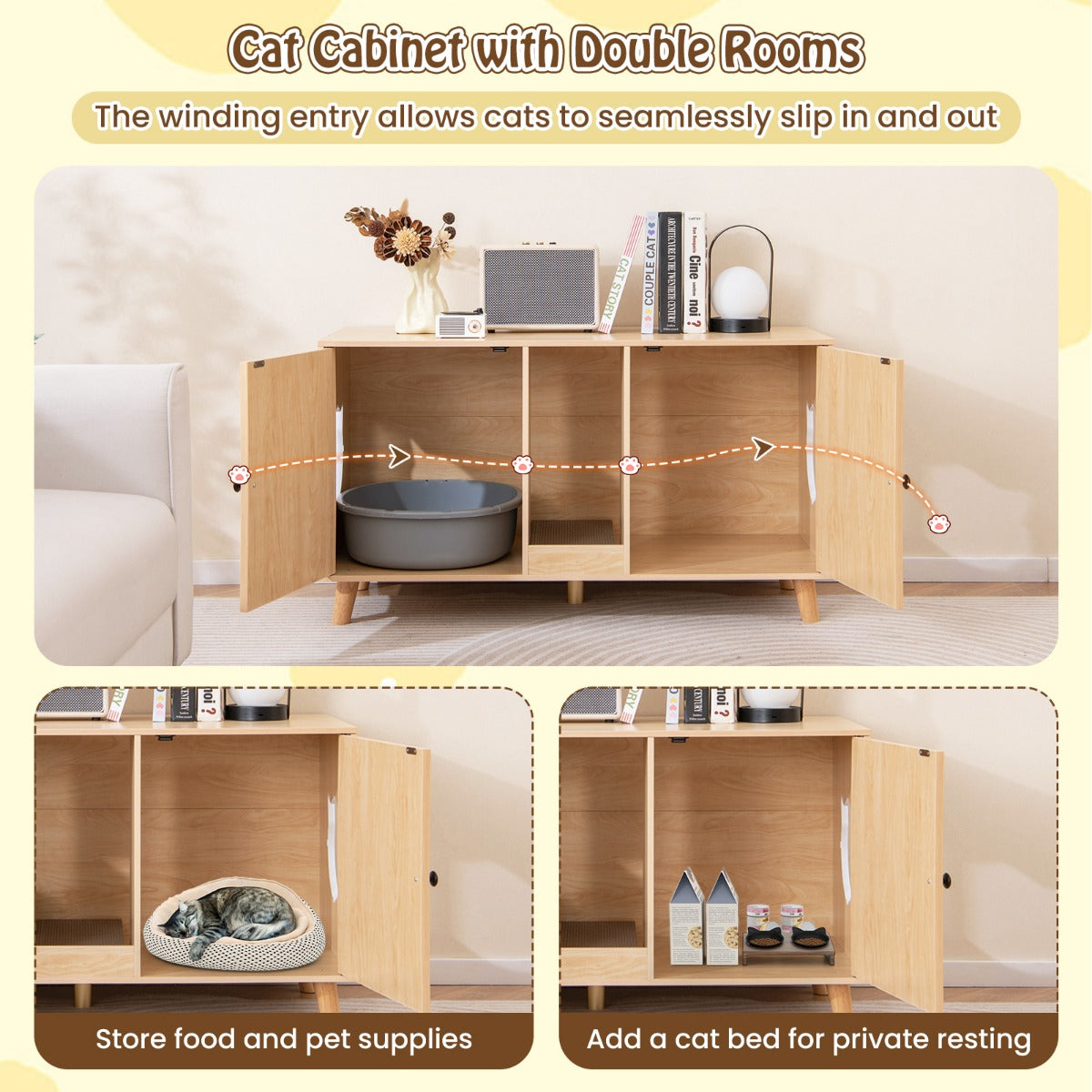 LIVSK Kattenbakkast - 2 Ruimtes van 108 x 50 x 60 cm - Multifunctioneel Meubel - Sisal-Krabmatten - Natuur/Wit