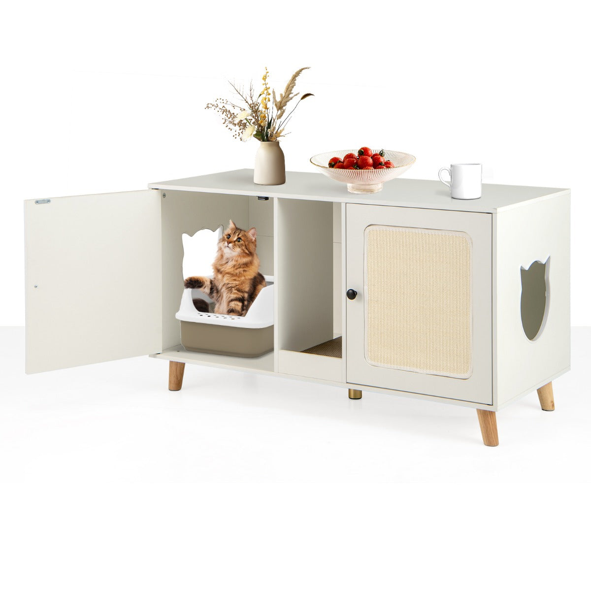 LIVSK Kattenkast met 2 Ruimtes - Multifunctioneel Meubel - Krabmatten - Afgeschermde Privacy - 108 x 50 x 60 cm - Natuur/Wit