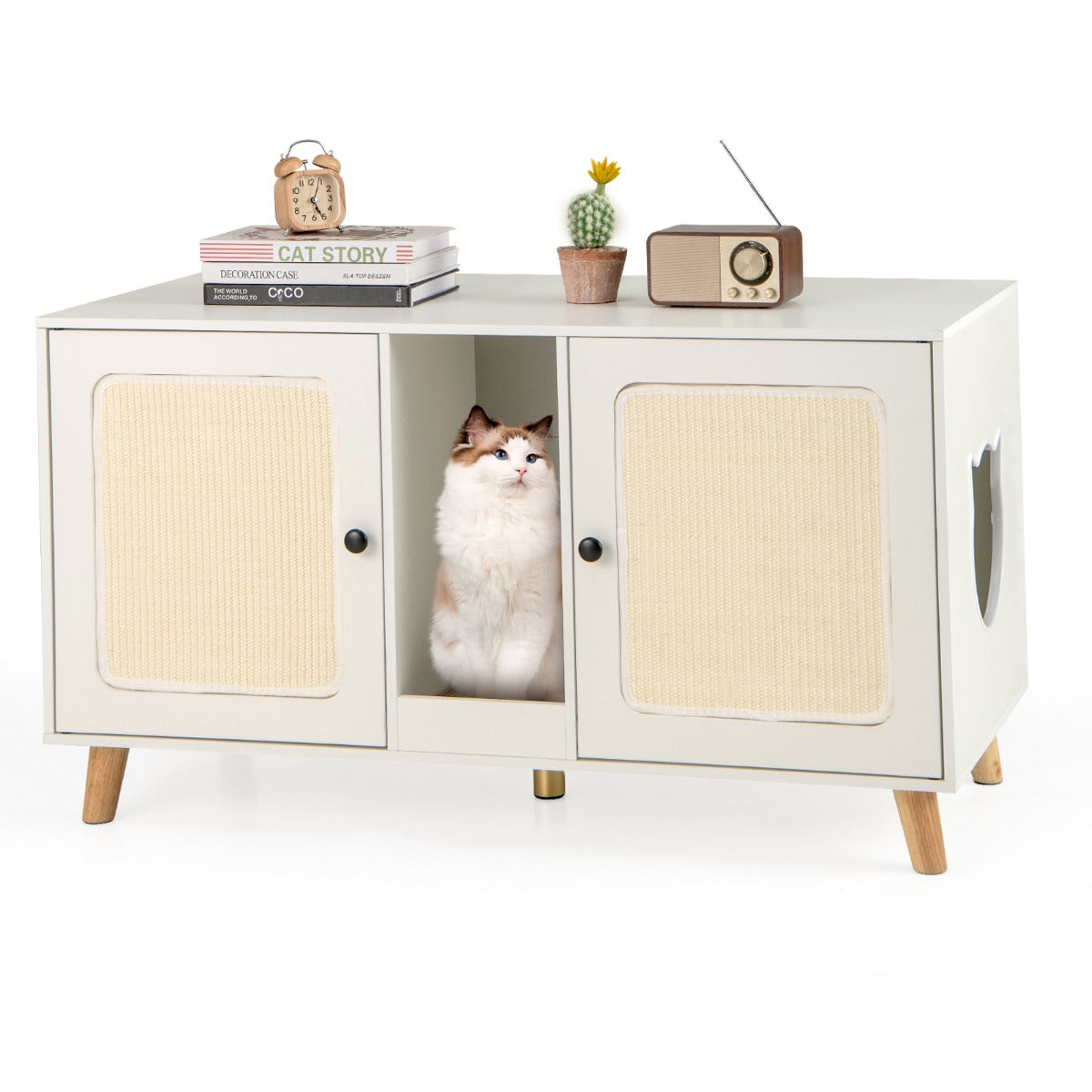 LIVSK Kattenkast met 2 Ruimtes - Multifunctioneel Meubel - Krabmatten - Afgeschermde Privacy - 108 x 50 x 60 cm - Natuur/Wit
