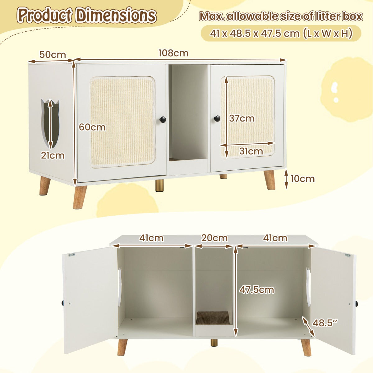 LIVSK Kattenkast met 2 Ruimtes - Multifunctioneel Meubel - Krabmatten - Afgeschermde Privacy - 108 x 50 x 60 cm - Natuur/Wit