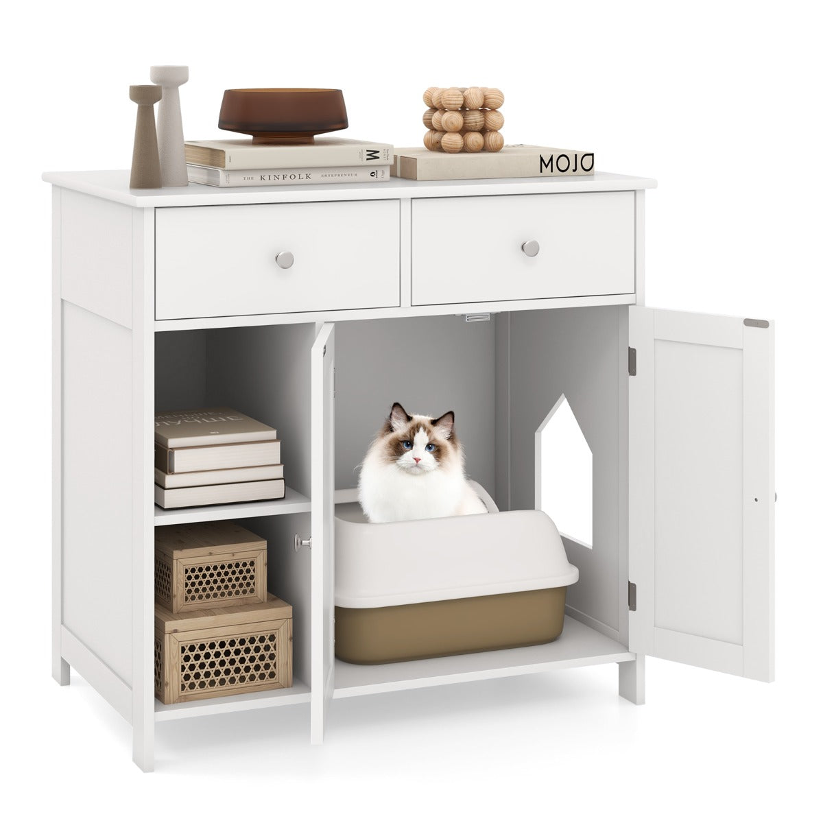 LIVSK Kattenkast met 2 Laden en Deuren - Privacy voor Kattenbak - Veelzijdig Design - Eenvoudig Onderhoud - 80 x 51 x 78 cm - Wit