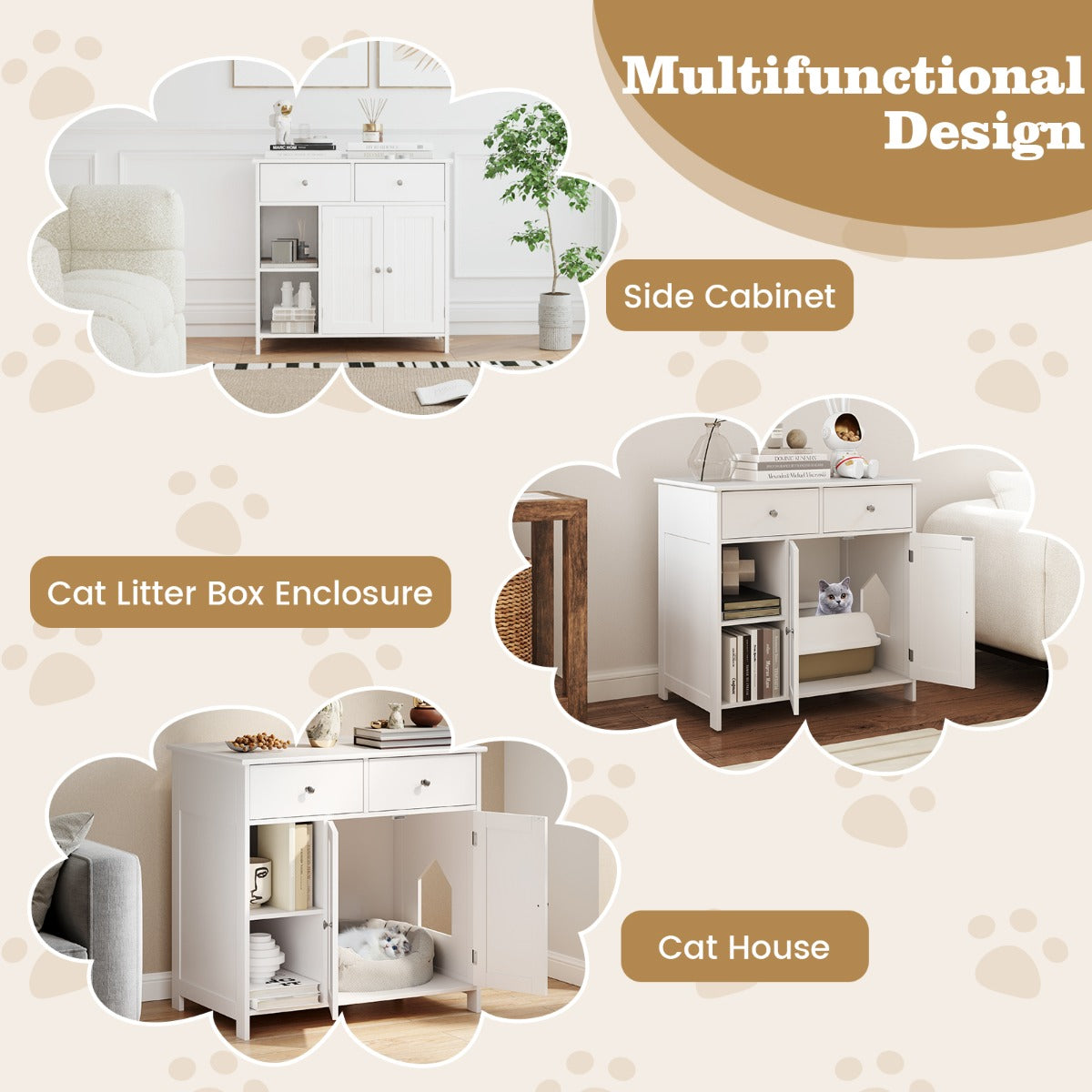 LIVSK Kattenkast met 2 Laden en Deuren - Privacy voor Kattenbak - Veelzijdig Design - Eenvoudig Onderhoud - 80 x 51 x 78 cm - Wit
