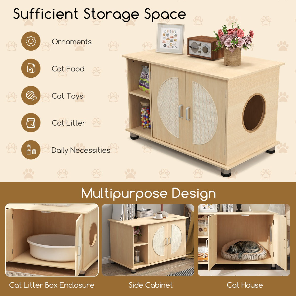 LIVSK Natuurlijke Kattenkast voor Kattentoilet - Dubbele Sisal Krabdeuren - Verhoogde Privacy - Multifunctioneel - 82 x 48 x 52