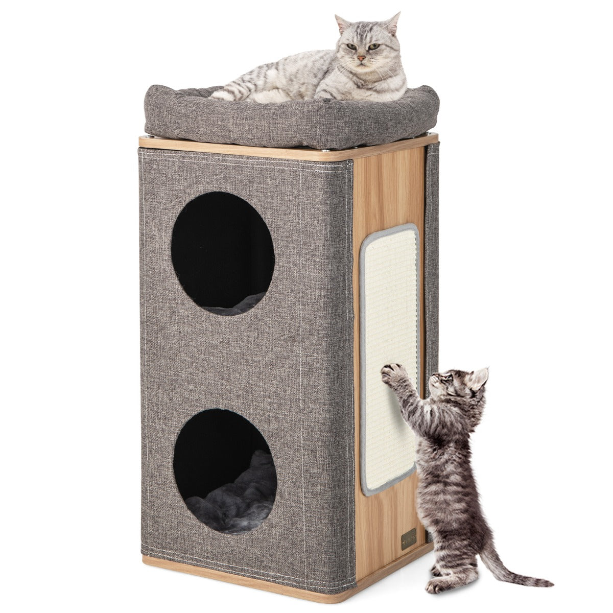 LIVSK Tonvormig Kattenhuis - 3 Etages - Krabplank - Knusse Schuilplaatsen - Comfortabele Kussens - Natuur + Grijs