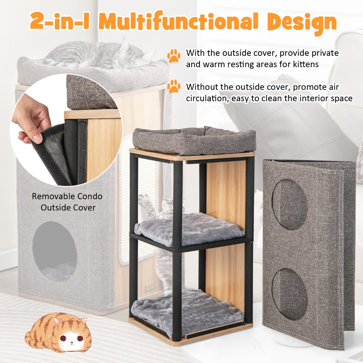 LIVSK Tonvormig Kattenhuis - 3 Etages - Krabplank - Knusse Schuilplaatsen - Comfortabele Kussens - Natuur + Grijs