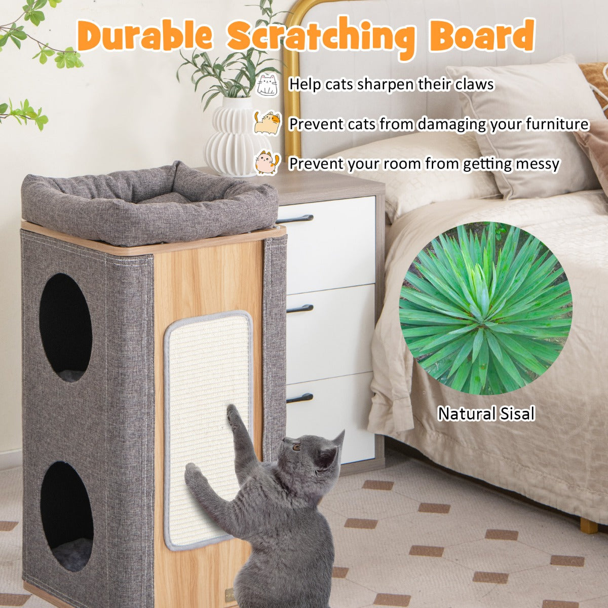LIVSK Tonvormig Kattenhuis - 3 Etages - Krabplank - Knusse Schuilplaatsen - Comfortabele Kussens - Natuur + Grijs