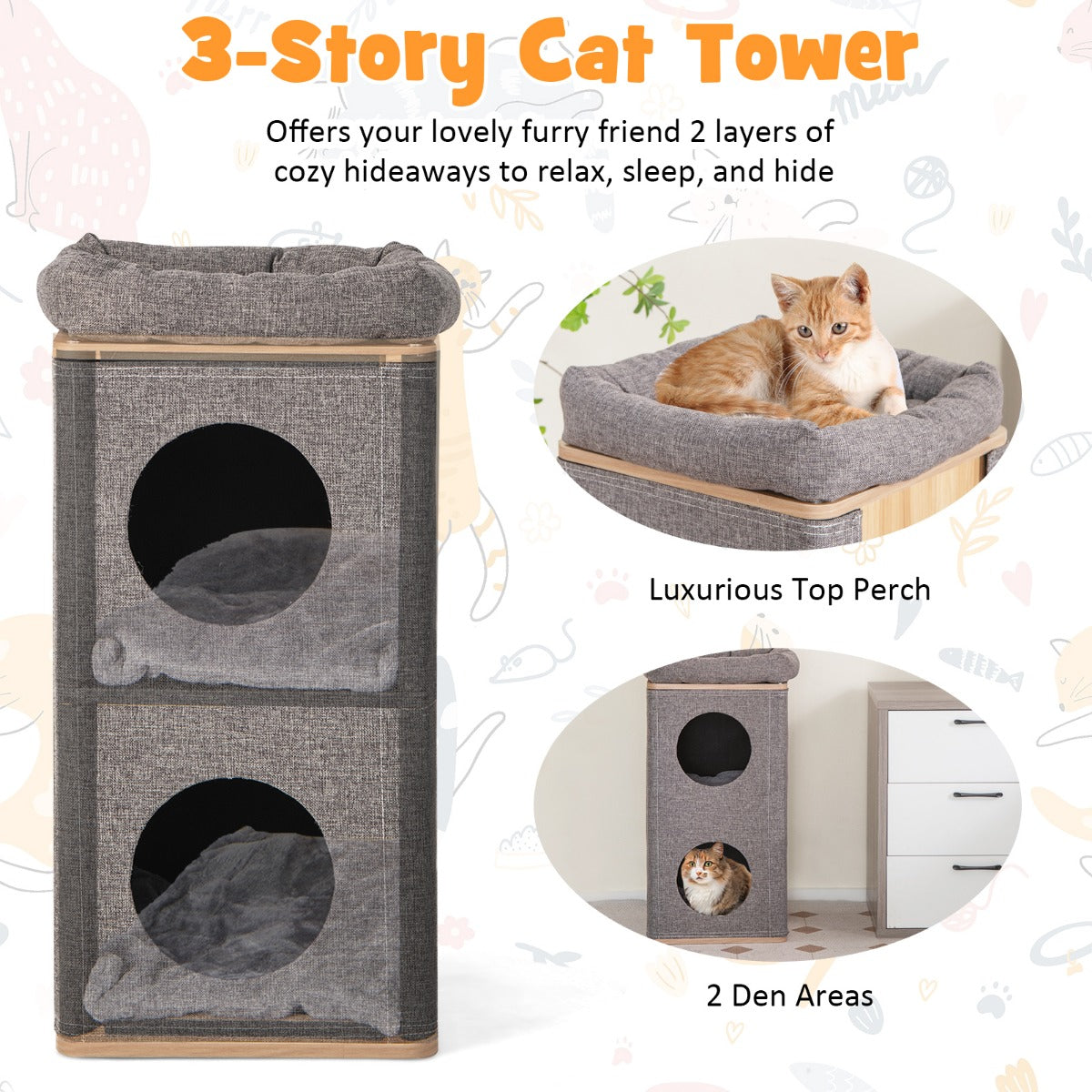LIVSK Tonvormig Kattenhuis - 3 Etages - Krabplank - Knusse Schuilplaatsen - Comfortabele Kussens - Natuur + Grijs