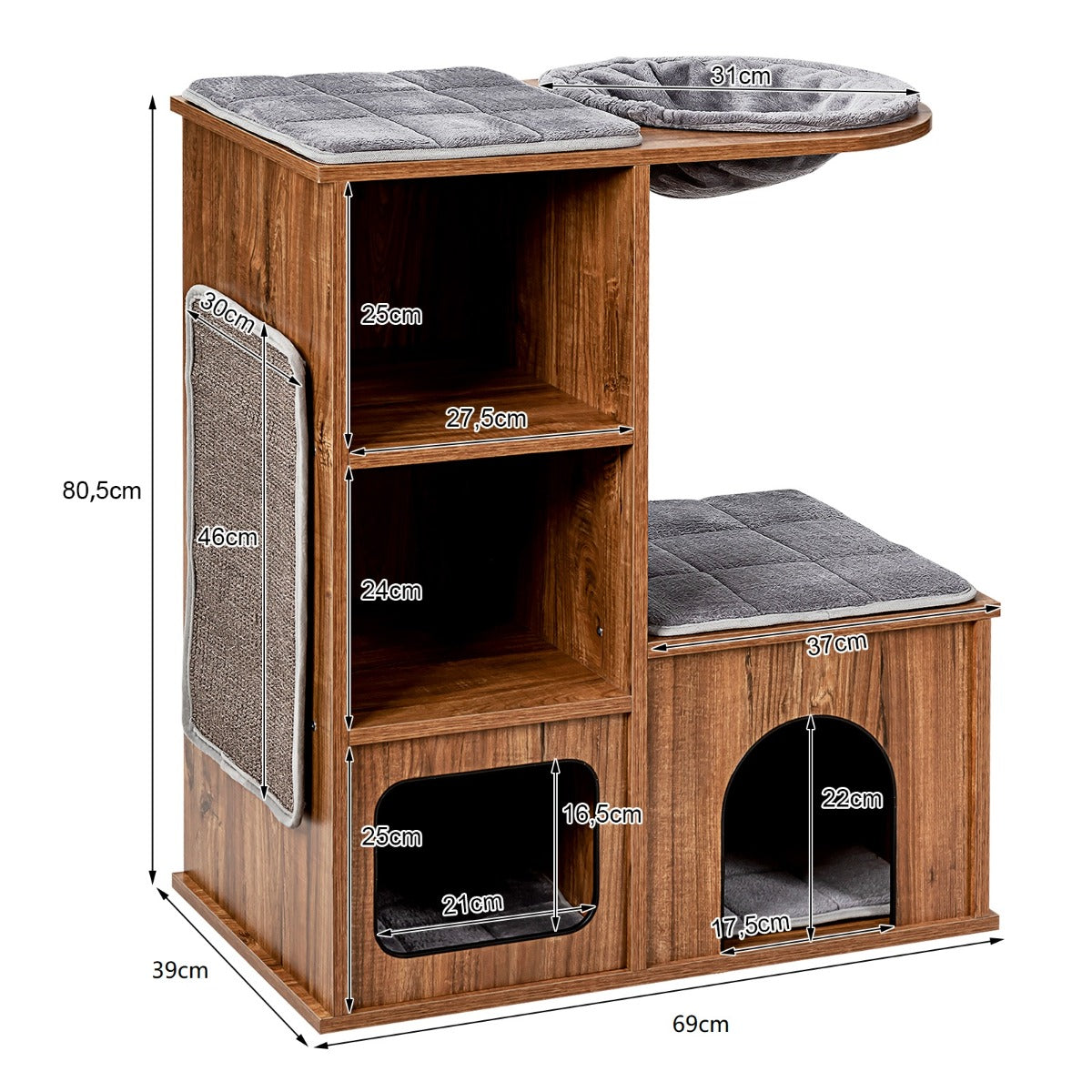 LIVSK Kattenboom - Robuuste Structuur met Sisal Krabmat - Meerdere Niveaus - Eenvoudig Design - 69 x 39 x 80,5 cm - Bruin