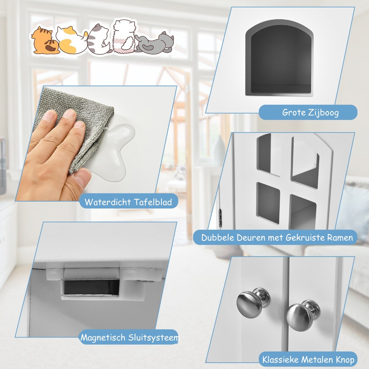 LIVSK Decoratief Kattenhuis - Dubbele Deuren - Optimale Luchtcirculatie - Eenvoudig Schoon te Maken - MDF-structuur - Wit