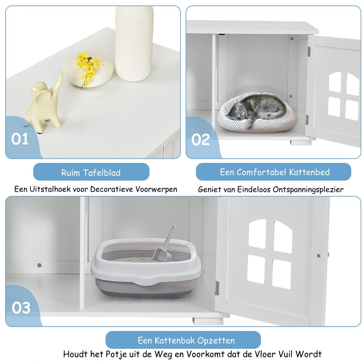 LIVSK Decoratief Kattenhuis - Dubbele Deuren - Optimale Luchtcirculatie - Eenvoudig Schoon te Maken - MDF-structuur - Wit