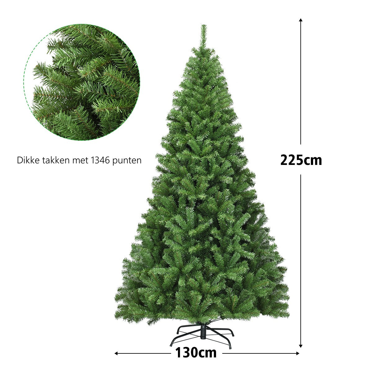 LIVSK Opvouwbare Kunstkerstboom - Realistische PVC naalden - Stevige metalen standaard - 1346 takken - 130 x 225 cm - Groen