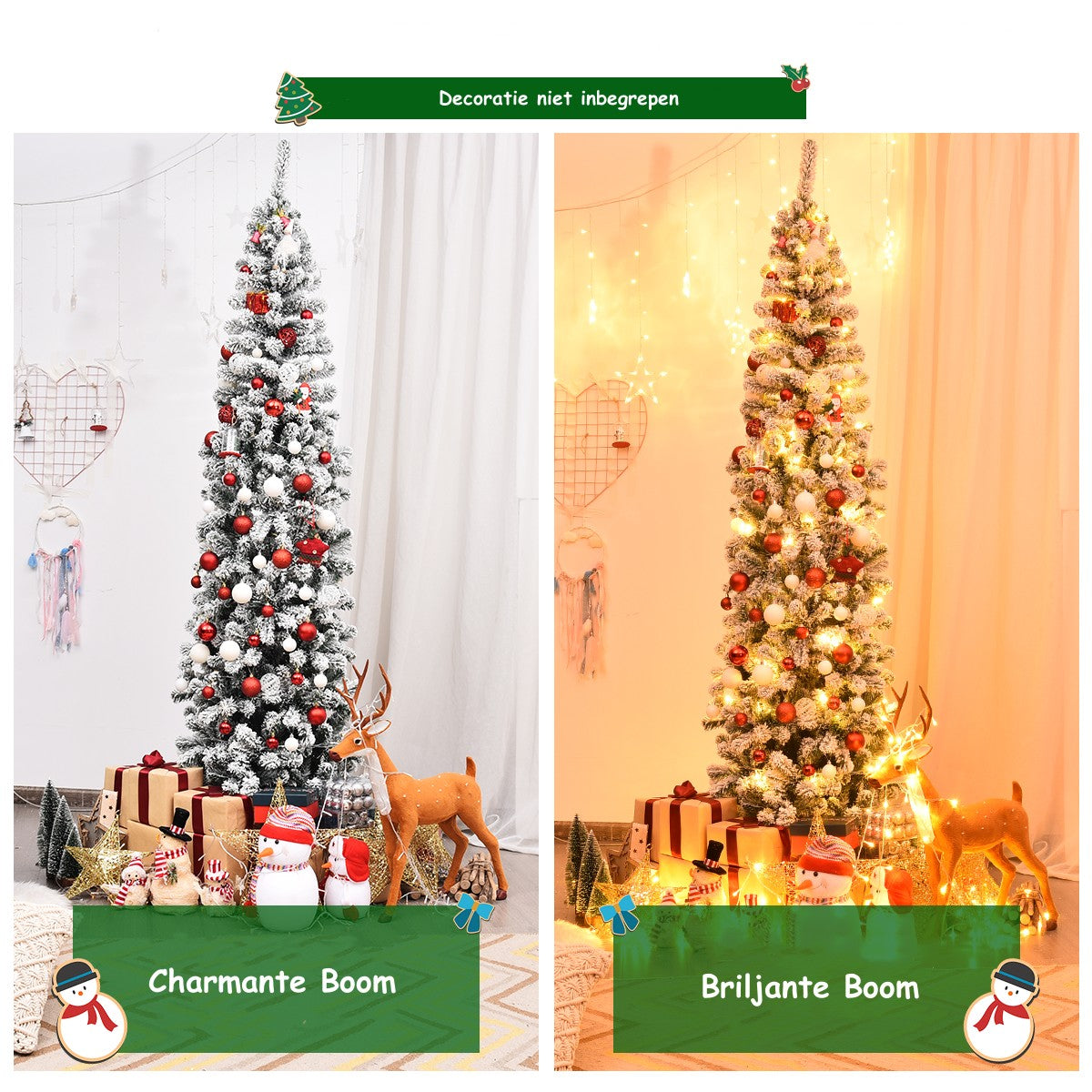 LIVSK Potloodkerstboom met Sneeuw - 641 Takken - 350 LED Lampjes - Inklapbare Standaard - Hoogte 225 cm - Wit