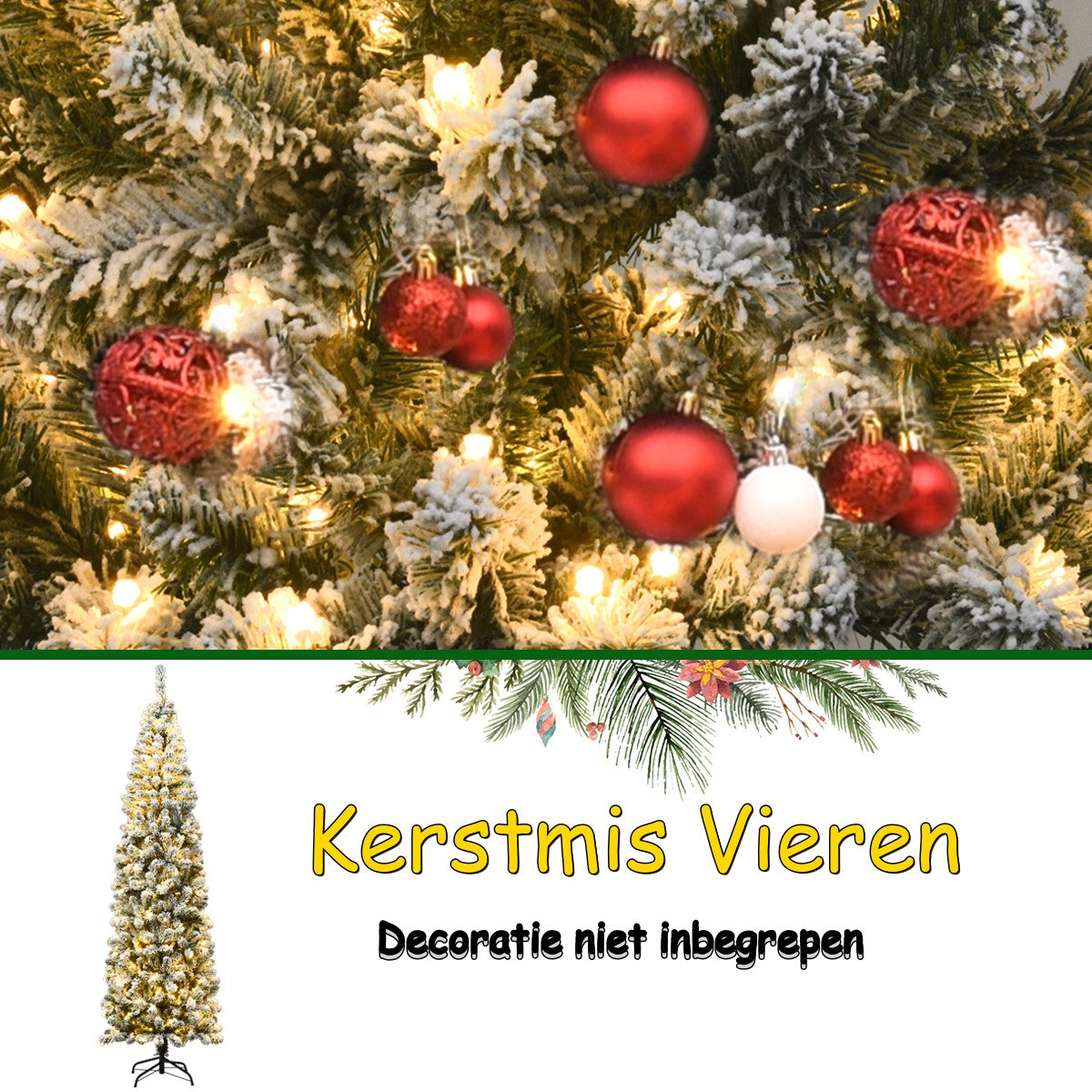 LIVSK Potloodkerstboom met Sneeuw - 641 Takken - 350 LED Lampjes - Inklapbare Standaard - Hoogte 225 cm - Wit