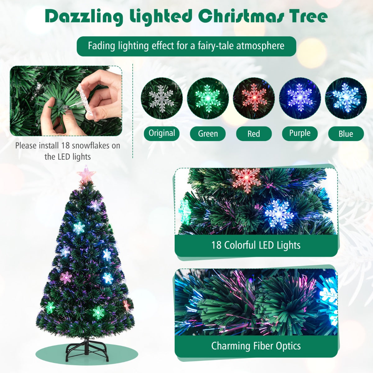 LIVSK Kunstkerstboom met LED Verlichting - Sneeuwvlokken - Eenvoudige Installatie - Duurzaam en Brandveilig - 120 cm - Groen