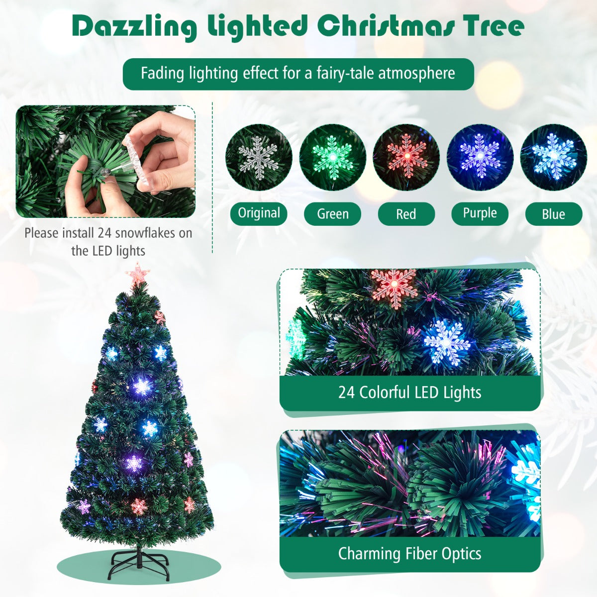 LIVSK Kunstkerstboom met LED-verlichting - Sneeuwvlokken - Brandwerend PVC - Eenvoudige installatie - 90 cm - Groen