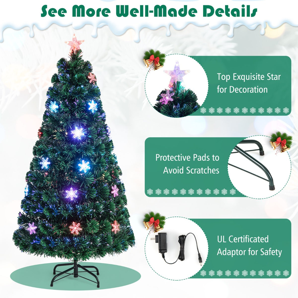 LIVSK Kunstkerstboom met LED-verlichting - Sneeuwvlokken - Brandwerend PVC - Eenvoudige installatie - 90 cm - Groen
