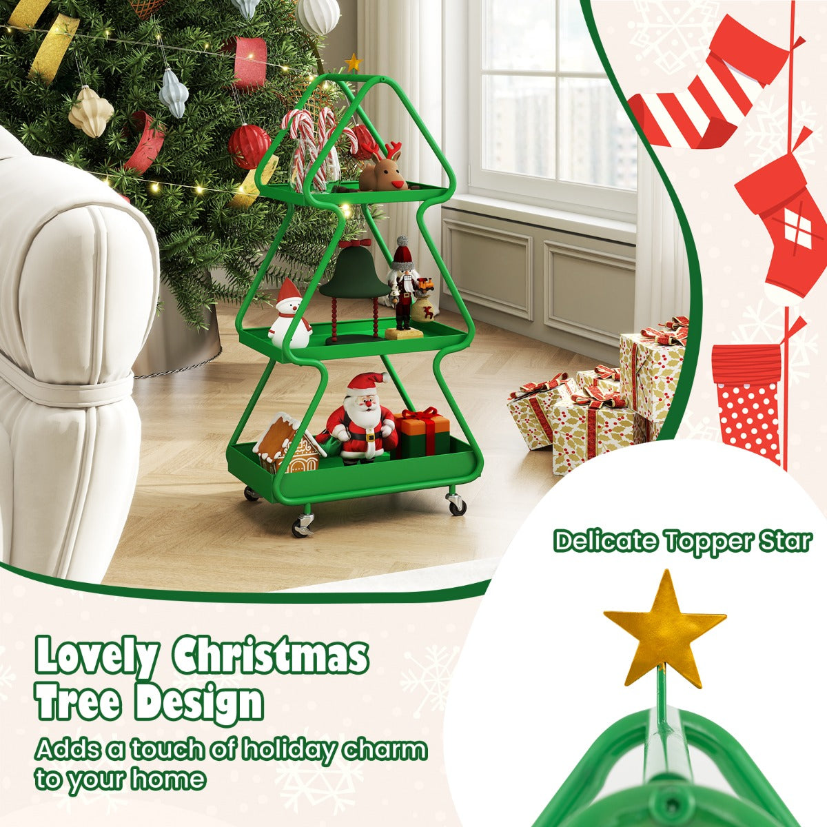 Livsk costway kerstboomopbergwagen 3 laags kar met stervormige bekroning metalen frame en wielen verplaatsbare bijzettafel 4