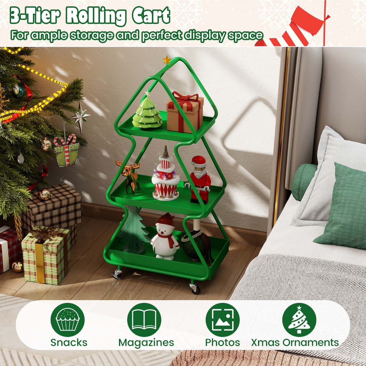 Livsk costway kerstboomopbergwagen 3 laags kar met stervormige bekroning metalen frame en wielen verplaatsbare bijzettafel 6