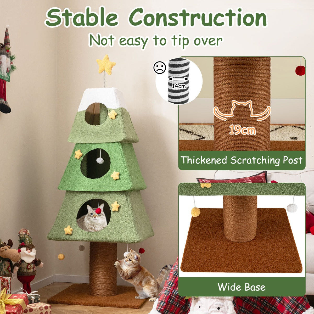 Livsk costway kerstboomvormige krabpaal met kattenhuis voor binnen voorzien van twee kattenbedden en drie niveaus met platforms 5