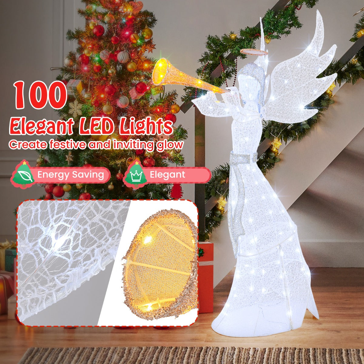 LIVSK Verlichte Kerstengel 156 cm - 100 LED-lampjes - Weerbestendig - Stabiele Tuindecoratie - Met Aureool en Trompet - Wit