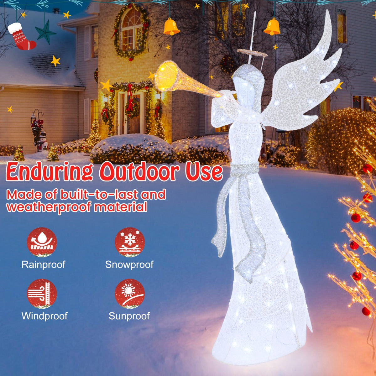 LIVSK Verlichte Kerstengel 156 cm - 100 LED-lampjes - Weerbestendig - Stabiele Tuindecoratie - Met Aureool en Trompet - Wit