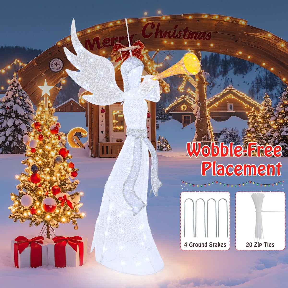 LIVSK Verlichte Kerstengel 156 cm - 100 LED-lampjes - Weerbestendig - Stabiele Tuindecoratie - Met Aureool en Trompet - Wit