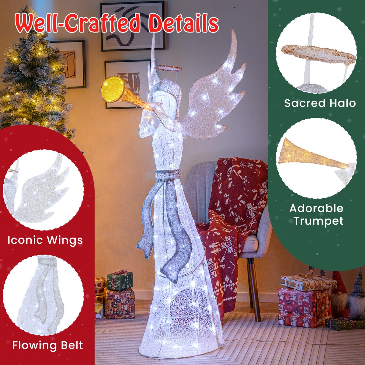 LIVSK Verlichte Kerstengel 156 cm - 100 LED-lampjes - Weerbestendig - Stabiele Tuindecoratie - Met Aureool en Trompet - Wit