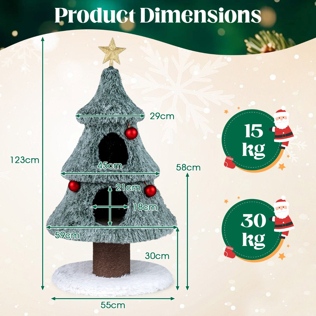 Livsk costway kerstkattenboom voor binnenkatten 123 cm schattige kattentoren met 2 grote hutjes krabpaal 1 1