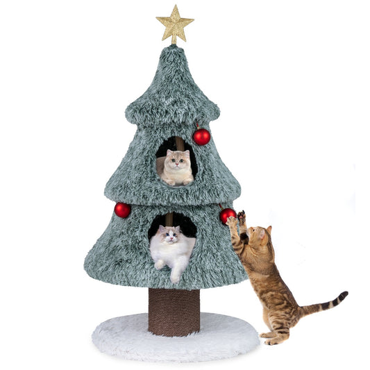 Livsk costway kerstkattenboom voor binnenkatten 123 cm schattige kattentoren met 2 grote hutjes krabpaal