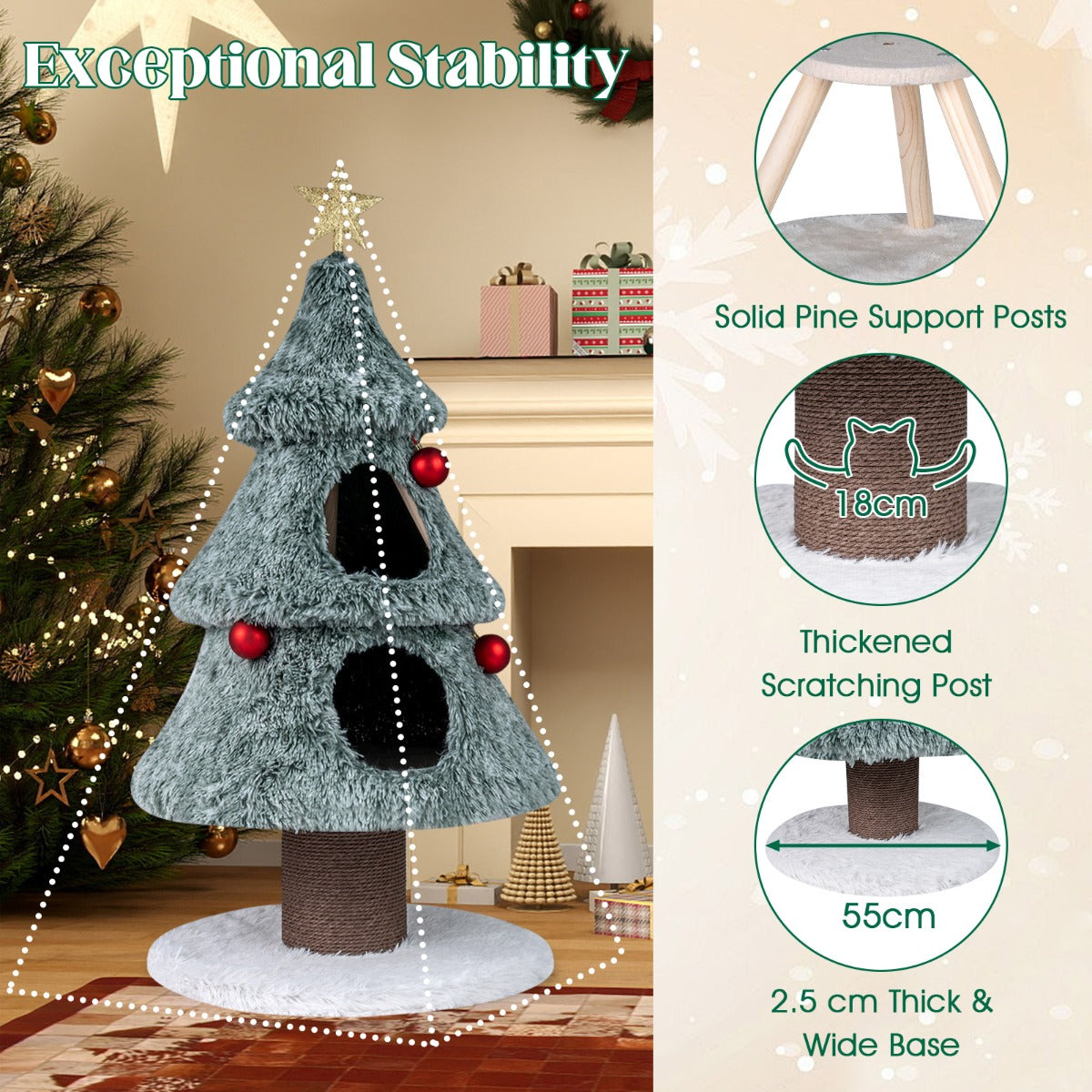 Livsk costway kerstkattenboom voor binnenkatten 123 cm schattige kattentoren met 2 grote hutjes krabpaal 4
