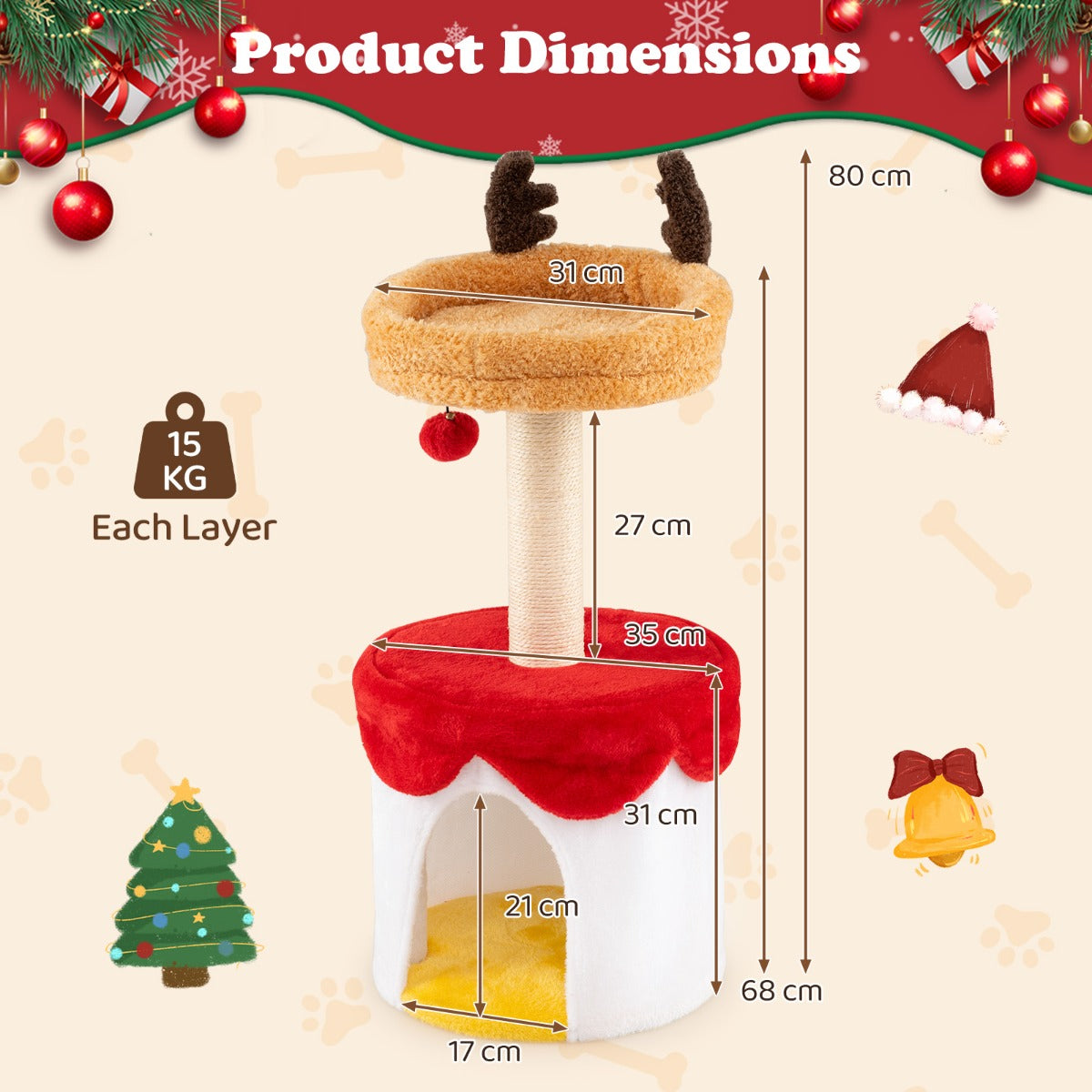 Livsk costway kerstmis krabpaal met bed 80 cm moderne krabpaal voor kittens met sisal krabpaal hangende bal 1 1