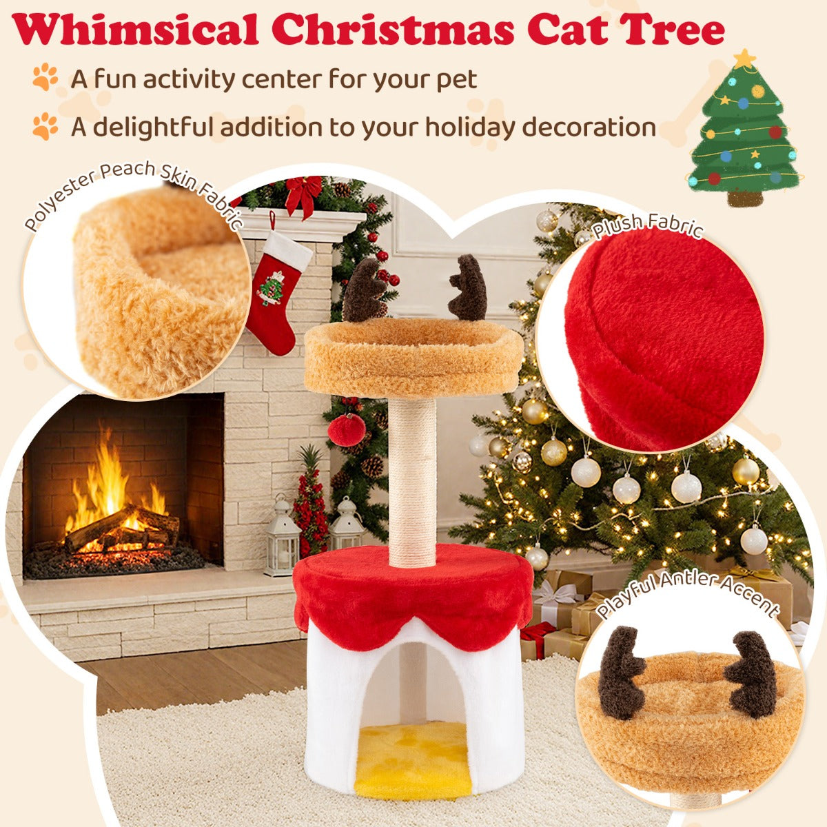 Livsk costway kerstmis krabpaal met bed 80 cm moderne krabpaal voor kittens met sisal krabpaal hangende bal 2