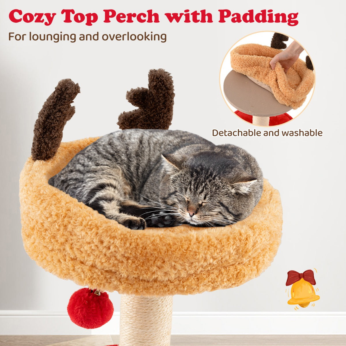 Livsk costway kerstmis krabpaal met bed 80 cm moderne krabpaal voor kittens met sisal krabpaal hangende bal 4