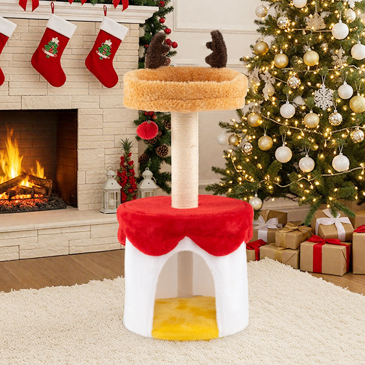Livsk costway kerstmis krabpaal met bed 80 cm moderne krabpaal voor kittens met sisal krabpaal hangende bal 6