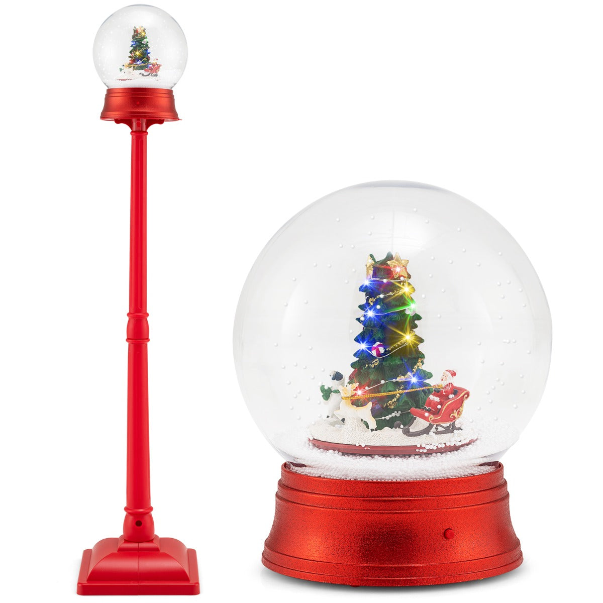LIVSK Kerstlantaarn met Sneeuwbol - 15 LED-lampjes - 8 Kerstmelodieën - Stabiele Basis - Decoratief Tafellampje - Rood