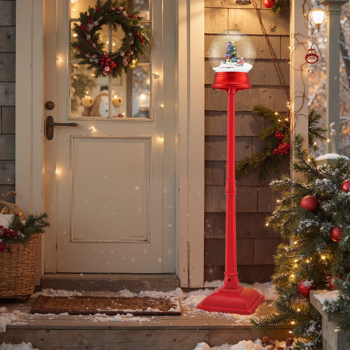 LIVSK Kerstlantaarn met Sneeuwbol - 15 LED-lampjes - 8 Kerstmelodieën - Stabiele Basis - Decoratief Tafellampje - Rood