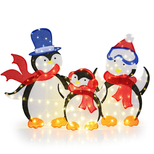 Livsk costway kerstversiering met oplichtende pinguinfamilie 2d 3 delige pinguinset met 160 leds kerstversiering voor binnen en buiten